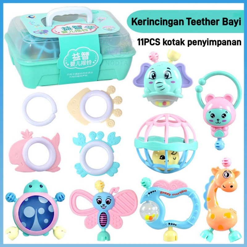 NODIA 11Pcs Kerincingan Teether Bayi Dengan Kotak Penyimpanan/Mainan Lonceng Kerincingan Baby Gigitan Bebas BPA Rattle Set Toy Suara