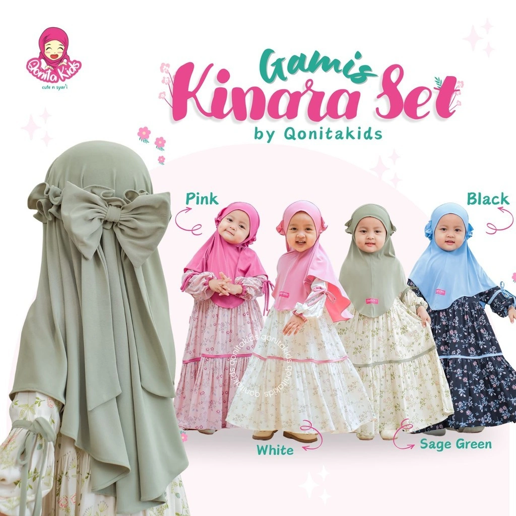 Qonita Kids - Gamis Kinara Set (0 - 10 thn + Satu Set Hijab) Gamis Rayon anak perempuan Baju Muslim Panjang Nyaman Motif  Syari