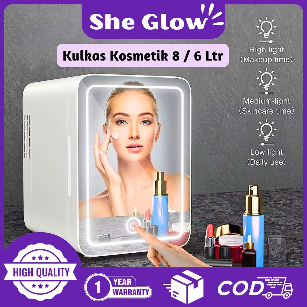 She Glow (GARANSI 1 TAHUN) 8L/6L Kulkas Skincare Mini Fridge LED Mirror Minifridge Portable Cermin Skin Care / Cermin Makanan Minifridge Kulkas Mini 6L/8L SG