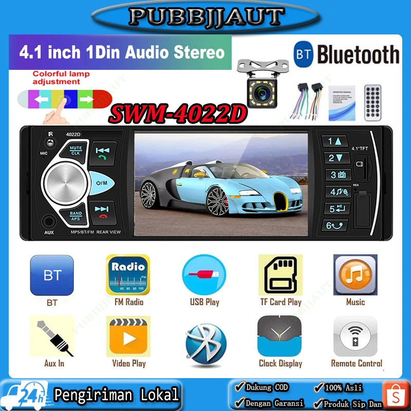 Single Din 4022D Tape Audio Mobil LCD 4.1 Inch Bluetooth MP5 MP3 Media Player Monitor Tape Audio Mobil Bonus Remote Mobil Bluetooth MP5 Parkir Monitor