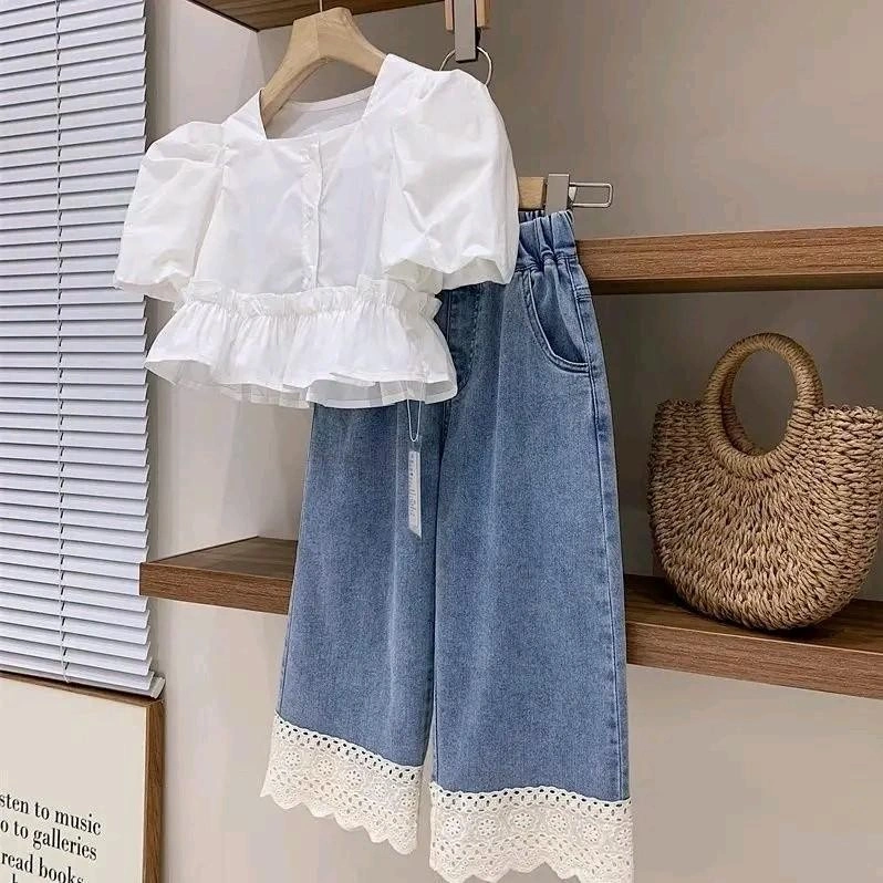 SinarbaruKids Setelan Anak Perempuan Atasan Top Sabrina + Midi Celana Jeans 1 - 12 tahun