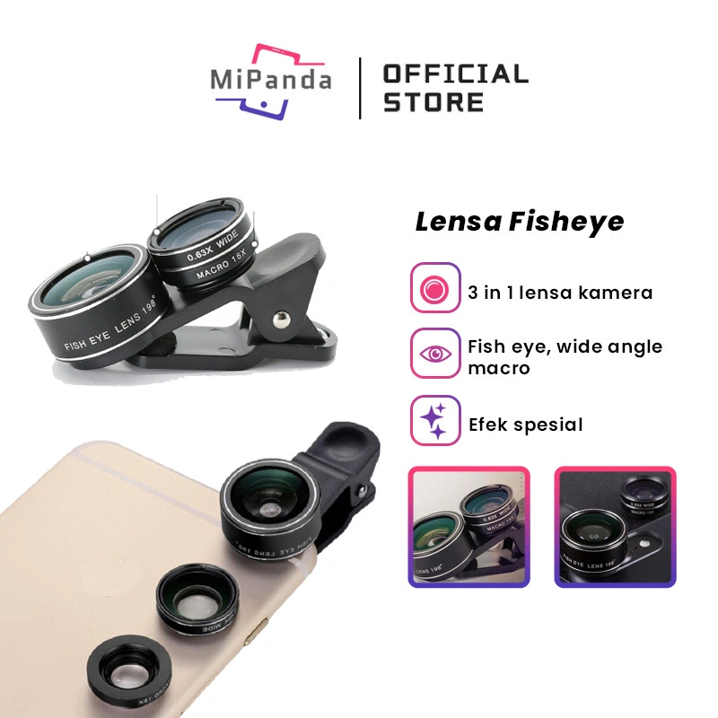 Mipanda Lensa Kamera HP Smartphone 3 in 1 Fish Eye Macro Wide Angle 0.63X Camera HP Dengan Klip Untuk Handphone