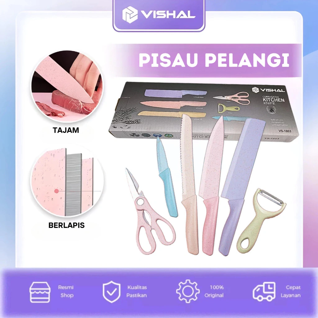 VISHAL Pisau Jerami Set 6 in 1 /Kitchen Knife Set/Pisau Dapur Set Stainless Knife Anti Lengket Isi/Peralatan Masak Pisau PREMIUM VS-1803