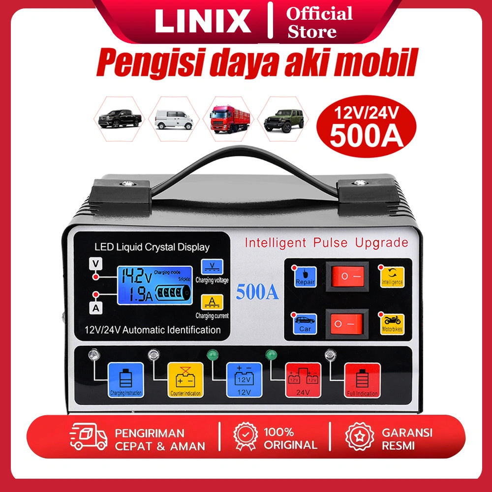 Linix Charger Aki Otomatis / Mobil Motor Charger / Otomatis Smart Mobil Pengisi Daya 12V-24V 500AH