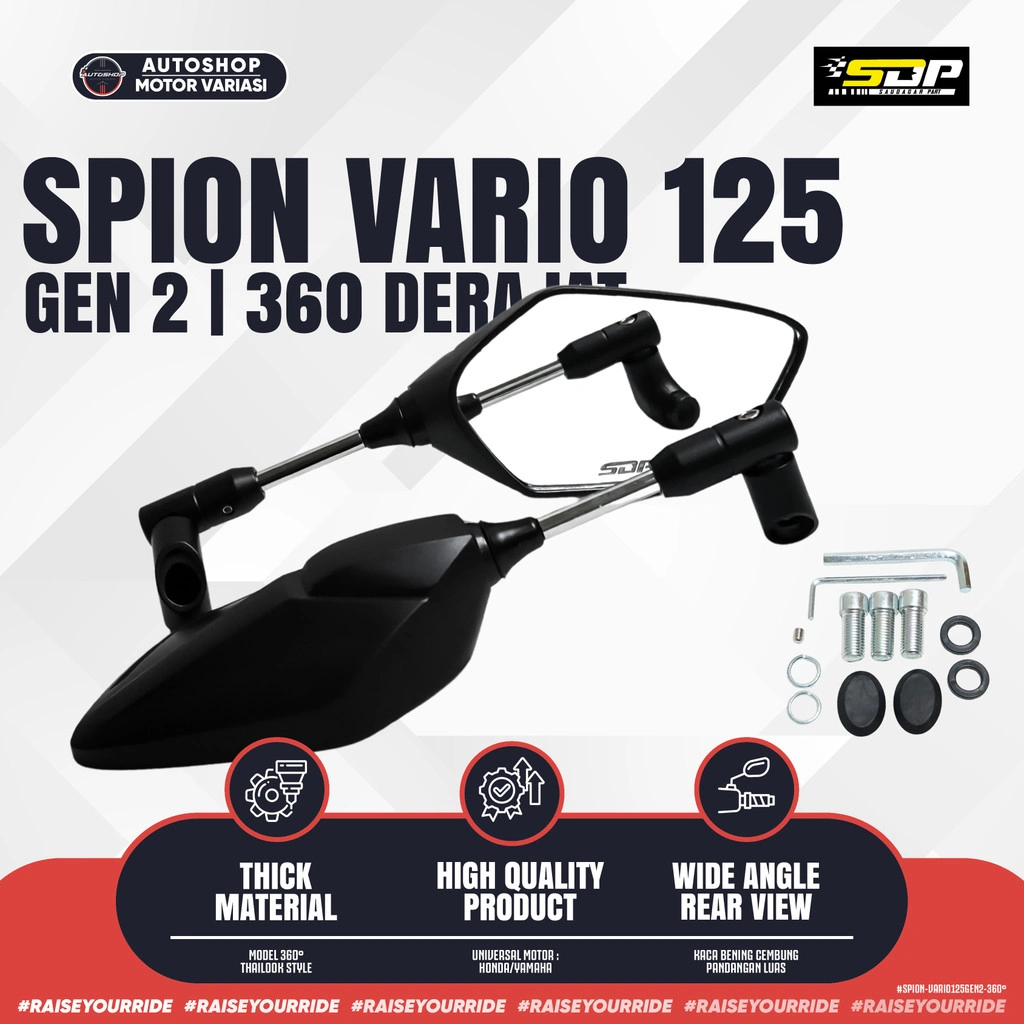 Spion VARIO 160 LUSTER 360’ Kaca Spion PCX 160 CLUSTER 360 Derajat Fleksibel Tangkai Besi Tebal CROM Kaca Bening Cembung Wide Angle Universal Motor