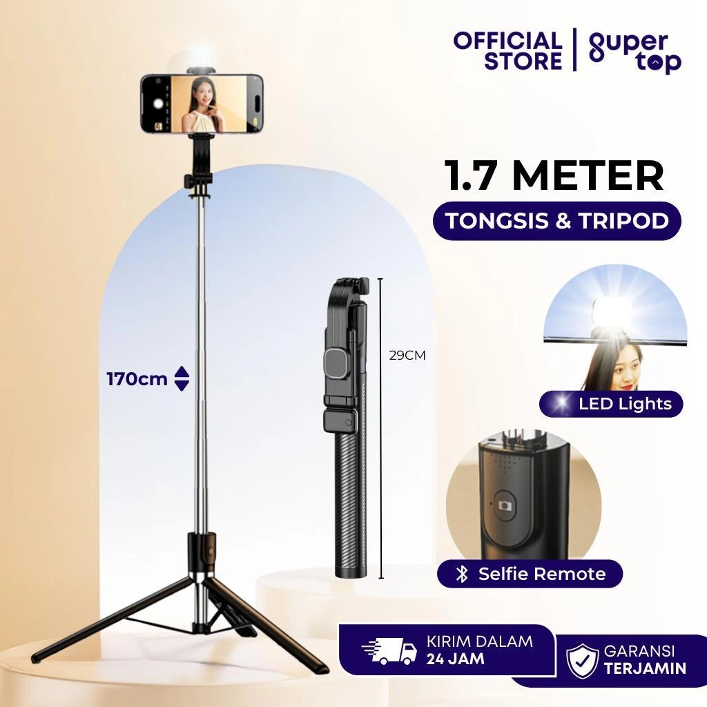 Tongsis Tripod 1,7 Meter Bluetooth + LED Lights 360 Aluminium Steel Stick Selfie Vlog Live Stand Phone