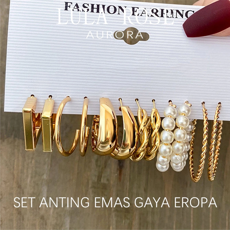 LULA ROSE Set Anting Emas Wanita Model Hoop & Mutiara Gaya Eropa Fashion Korea