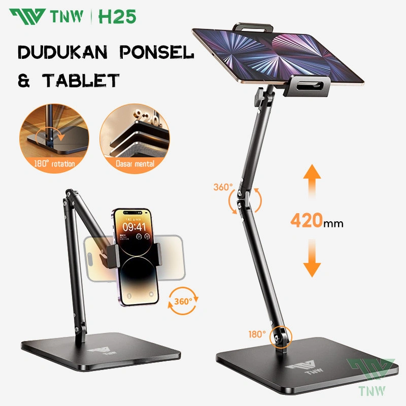 TNW H25 Stand Holder Handphone Tablet Meja Overhead Phone Stand Flexible Rotate 360 Phone Holder Lazypod Stand Aluminium Aloy