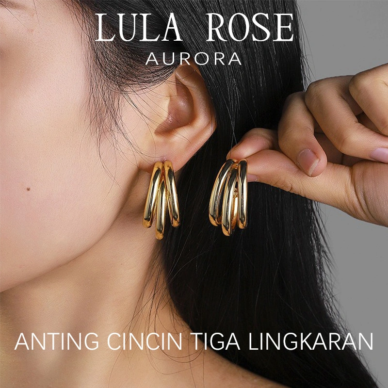 LULA ROSE Anting Cincin Tiga Lingkaran | Anting Hoop Emas Korea Elegan