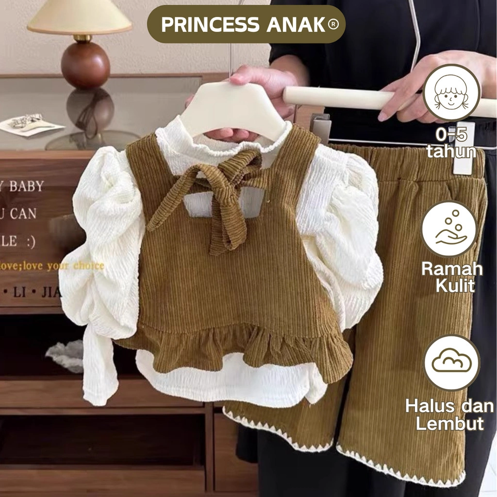 [PRINCESS ANAK] 0-4Tahun Setelan style Anak Perempuan  Atasan Rompi Gaya Korea dengan Celana Longgar setelan korea anak perempuan Desain Vintage yang Modis Lembut dan baju vintege anak perempuan