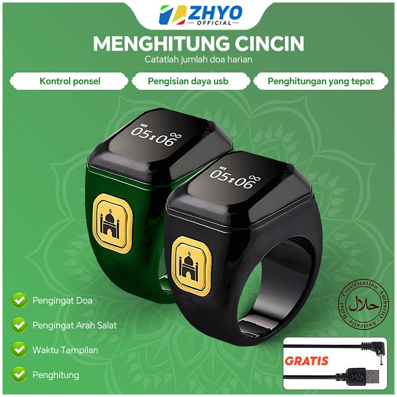 Garansi✅100% ORI Smart Zikir Cincin Tasbih Tally Penghitung Digital untuk Muslim Tasbih 5 Waktu Digital Smart Ring Cincin Tasbih Bluetooth Ring LED Display Zikr Ring