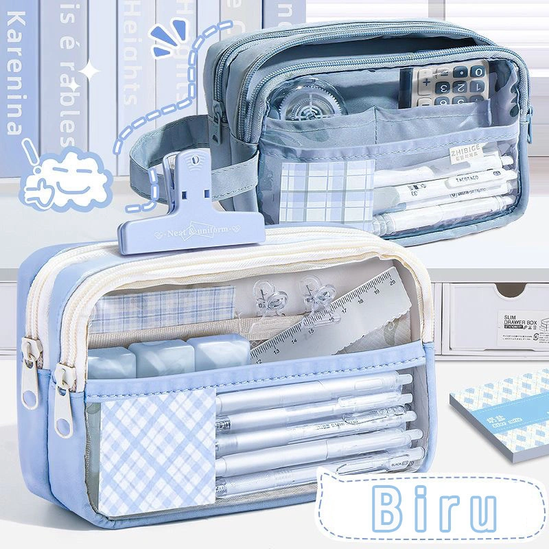 Tempat Pensil Tas Aesthetic Kotak Pensil Case Transparan Besar Pensil Case Bergaya Korea Pen Pouch Lucu Stationery Organizer Tas Alat Tulis Pencil Case Biru