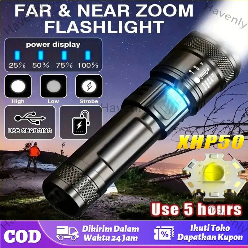 LED Senter Super Terang 10000 Lumens Jarak Jauh Ringan Tahan Air IPX7 Zoom USB Rechargeable Senter Swat Police Terbaik-COD