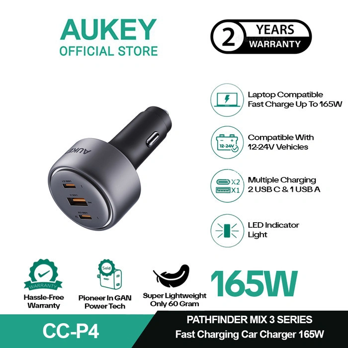 AUKEY Car Charger 165W USB C & USB A PD 3.0 QC 3.0 Multi Port PathFinder Mix 3Series CC-P4