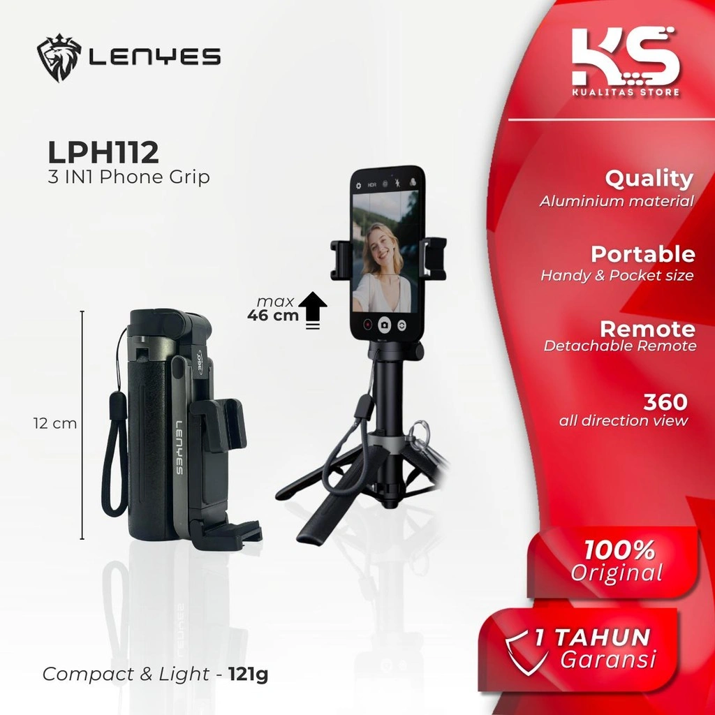 LENYES Mini Selfie Tripod Tongsis Bluetooth Hand Grip 3in1 Vlog Video Stick 360 Derajat LPH112