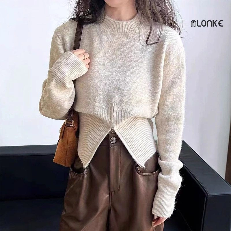 NLONKE - Niche Pakaian Rajut Serbaguna Sweater Warna Solid Longgar Pakaian Rajut Lengan Panjang Ritsleting Wanita