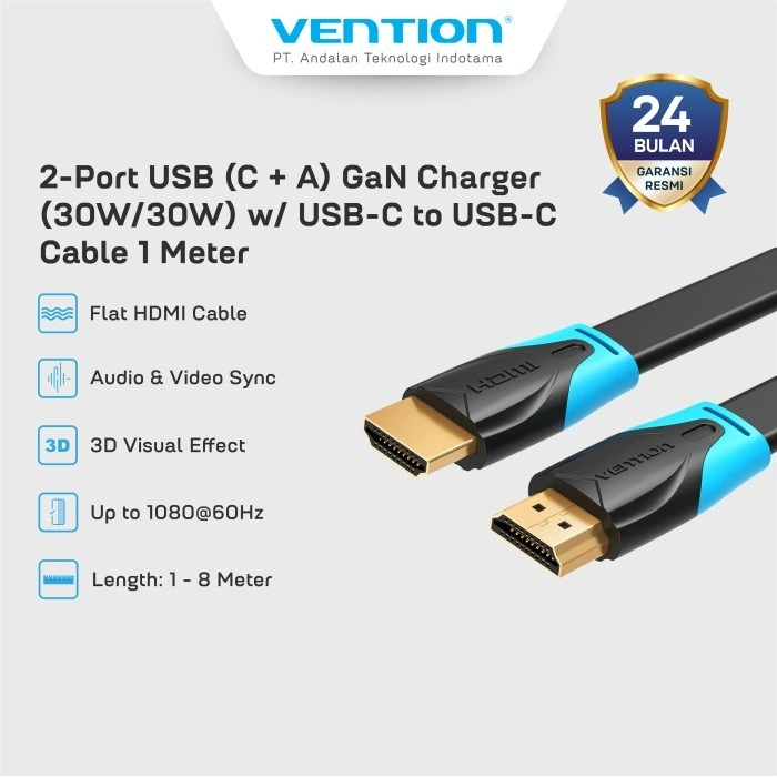 Vention Flat HDMI to HDMI Cable Universal 4K 60Hz HDR - VAA-B02 - BLACK, 1M