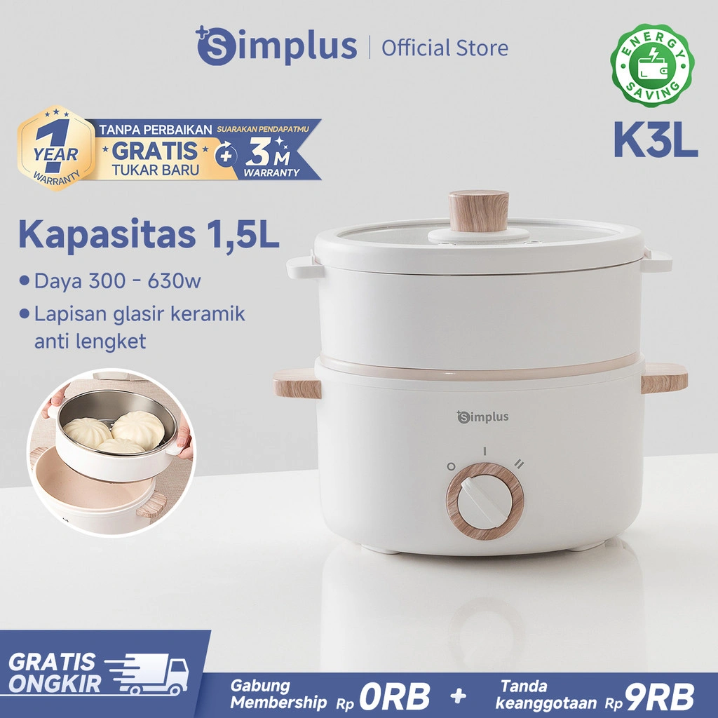 Simplus Panci Listrik Kapasitas 1,5L Panci Serbaguna Anti Lengket Dengan Kukusan 2 Mode Panas