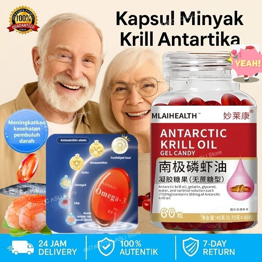 [ASLI Beli 1 Gratis 2] Minyak Krill Antartika 1000mg 60 Kapsul Antarctic Krill Oil - Natural Astaxanthin Kapsul Omega 3 Krill Oil Antartica Suplemen Kapsul Minyak Ikan Sehat Alami Kapsul Meningkatkan Sirkulasi Darah 100% Asli Import 0 Sukrosa & Non-GMO