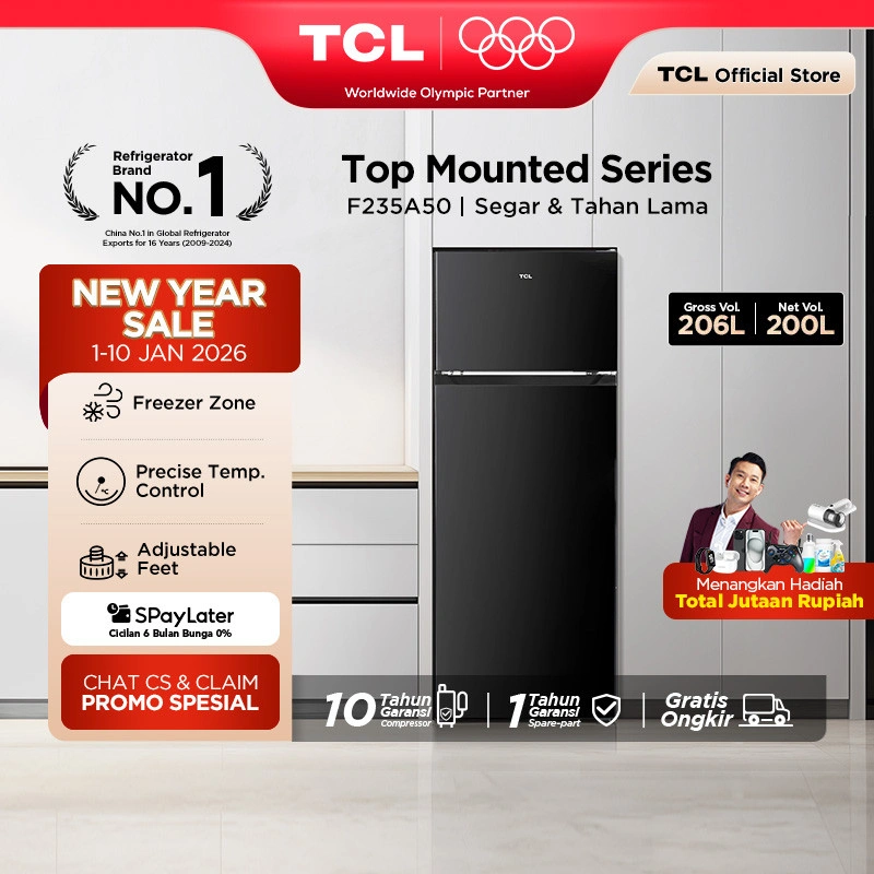 [BIGGER CAPACITY] ] TCL Kulkas 2 Pintu (Refrigerator) - Kapasitas 206L - Electronic Control - Adjustable Feet - Low Noise - Lemari Es - Kulkas Kecil di Kamar - Kulkas Mini (Model: F235-A50)