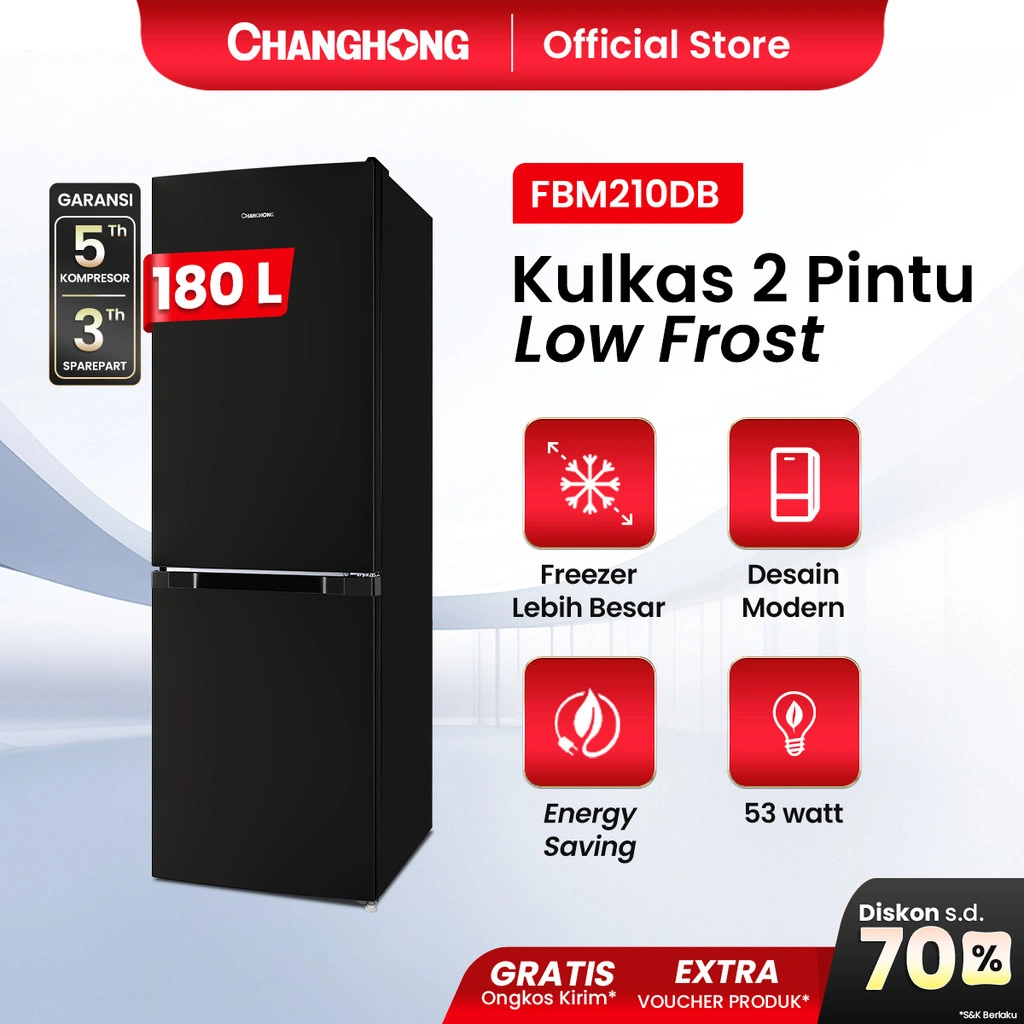 New Changhong Kulkas 2 Pintu (Bottom Mounted Refrigerator) Lemari Es Kapasitas 180 Liter FBM210DB
