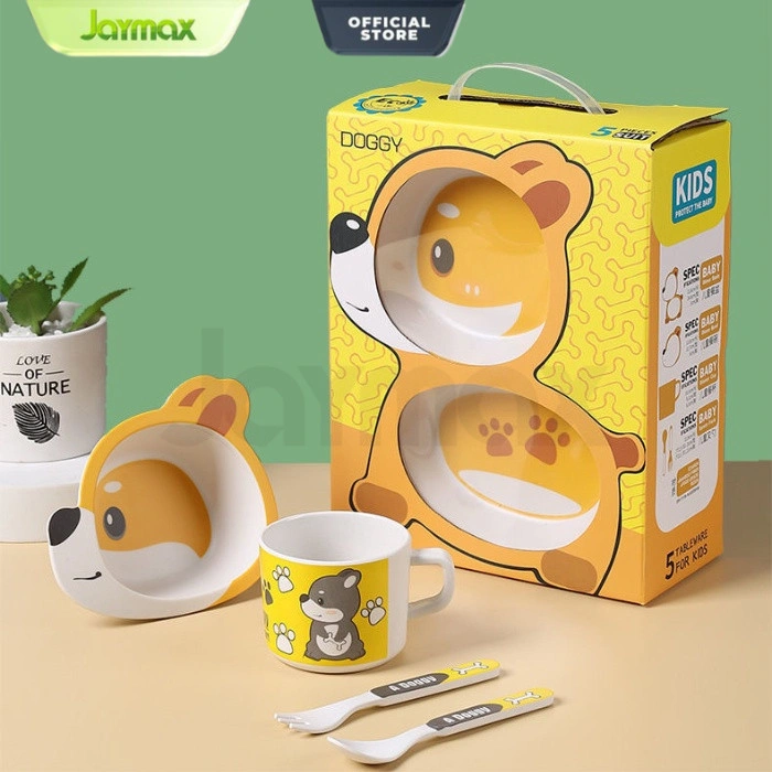 5 in 1 Kids Feeding Set / Set Alat Makan Anak bahan Bamboo Karakter Lucu / Piring Sendok Gelas Anak