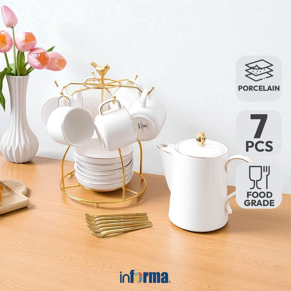 Informa Appetite Lanster Teko & Cangkir Teh Porcelain Dengan Saucer 1.2 ltr Set 7 Pcs - Putih Tea Set Coffee Set Wadah Minuman Tempat Seduh Server Teh Perlengkapan Saji