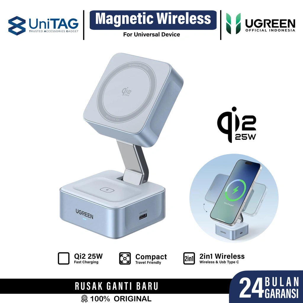 UGREEN Magsafe Wireless Charger Stand Magnetic 2 in 1 Fast Charging Qi2 25W Pengisi Daya Nirkabel for iPhone AirPods by UniTAG