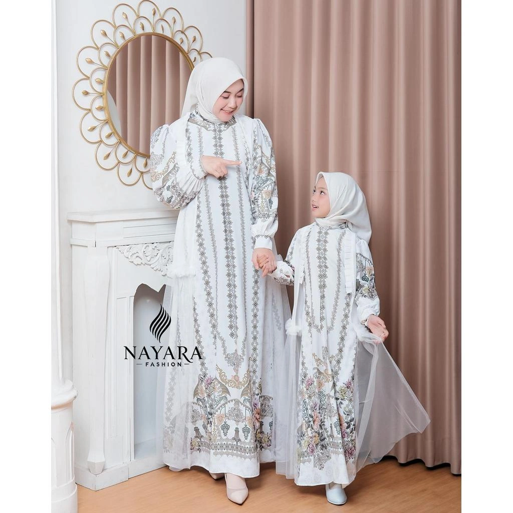 Keyra Dress Series by Nayara fashion - Gamis Couple Ibu Anak Motif Sultan Bahan Sabrina Anti UV Mix Ceruty Polos dan Tille Polos Dress Sarimbit Lebaran Terbaru 2026