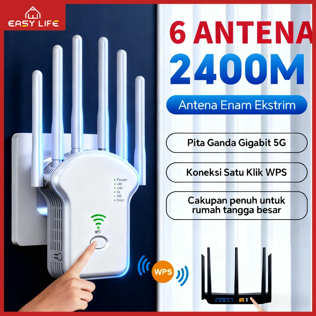 <Instant Prioritas> Easylife WIFI Expander 2400mb Repeater Nirkabel Rumah Repeater wifi yang nyaman Penguat Sinyal Antena Dual Band 6