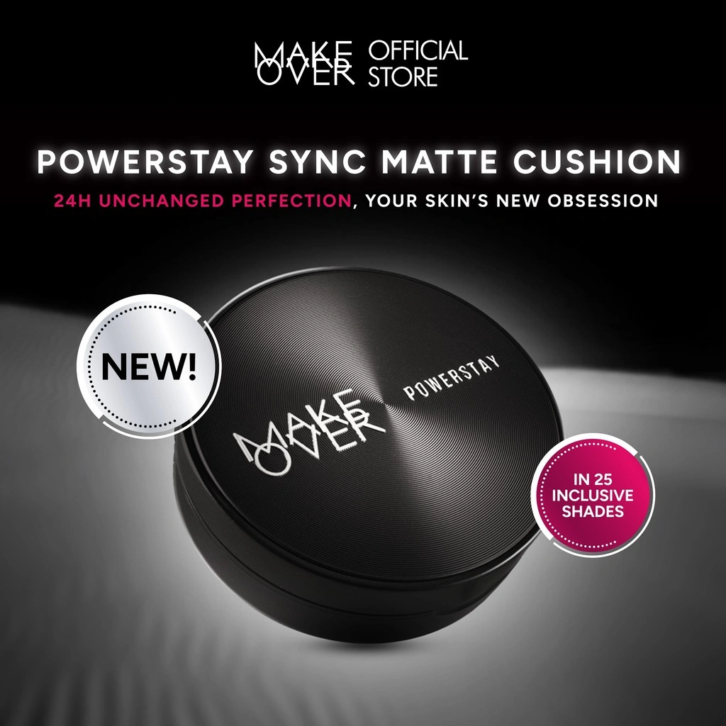 NEW! MAKE OVER Powerstay Sync Matte Cushion - Smart AI Matte Cushion High Coverage Zero Oxidation Oil Control Foundation Compact Makeup Concealer Skin Tint long lasting time less stain with euphoria