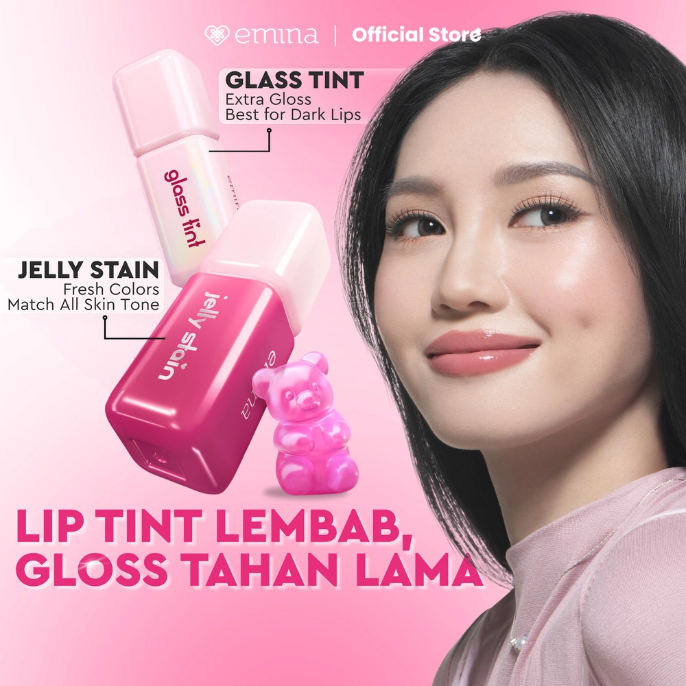 Emina Jelly Stain & Glass Tint - Lip Tint Korea Glossy Ombre Tahan 12 Jam Ringan Longlasting Transferproof SPF 25 Vitamin E Makeup Lip Stain Lembab Lipgloss Lip Matte Lipstick Lip Care Anak Sekolah