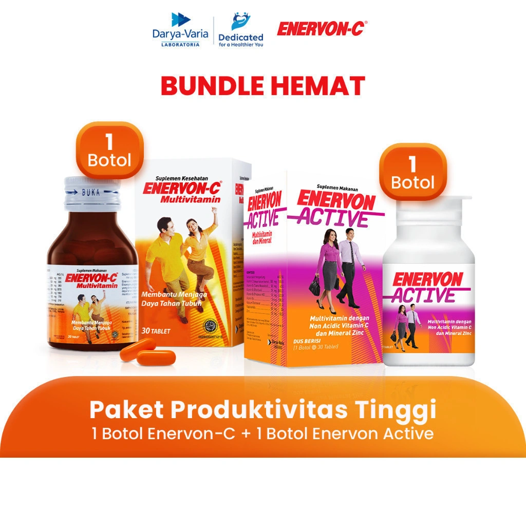 Enervon Paket Produktivitas Tinggi Multivitamin (1 Botol Enervon-C + 1 Botol Active) - Suplemen Kesehatan dengan Vitamin C dan B Complex untuk Daya Tahan Tubuh dan Produktivitas