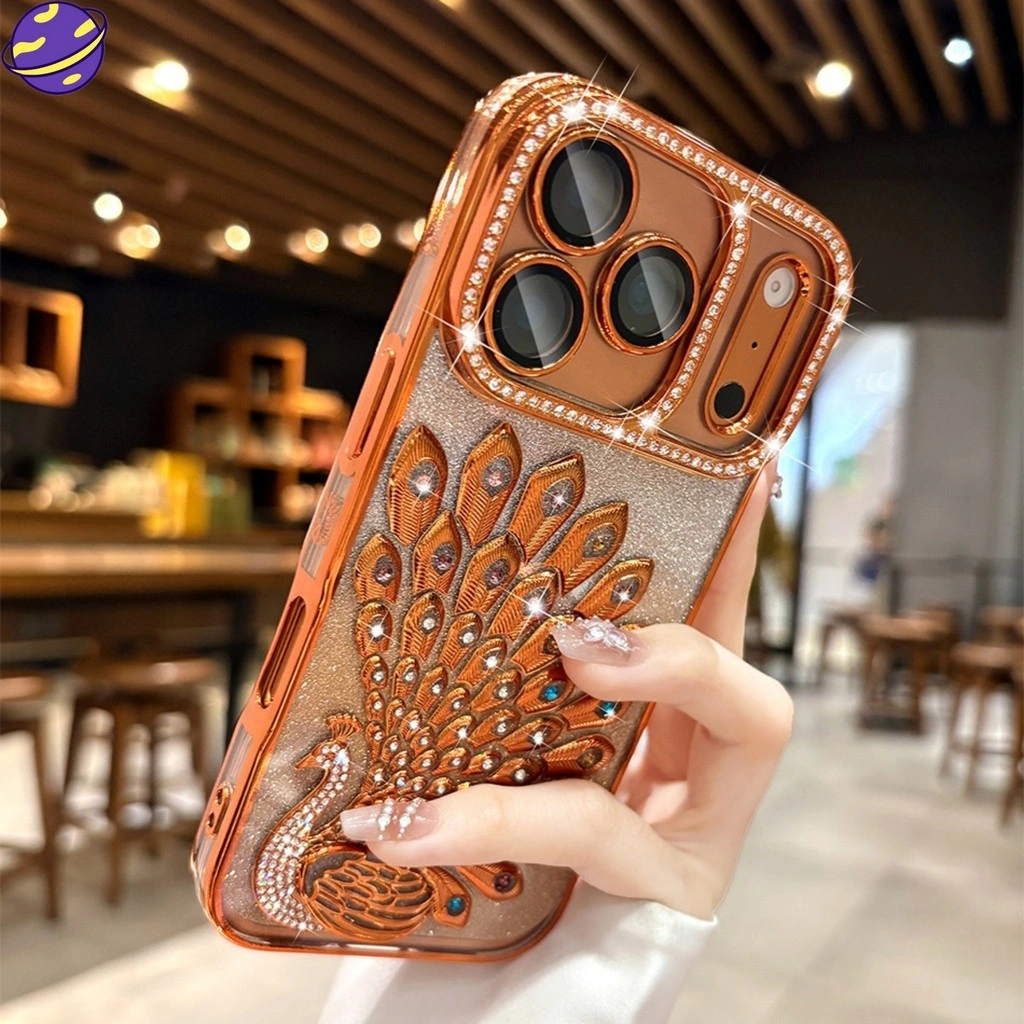 Transparent Orange Glitter 3D Diamond Peacock Phone Case for IPhone 17 Air 16 15 14 13 Pro Max Electroplated Edge Soft Cover Gradient Glitter TPU Soft Casing