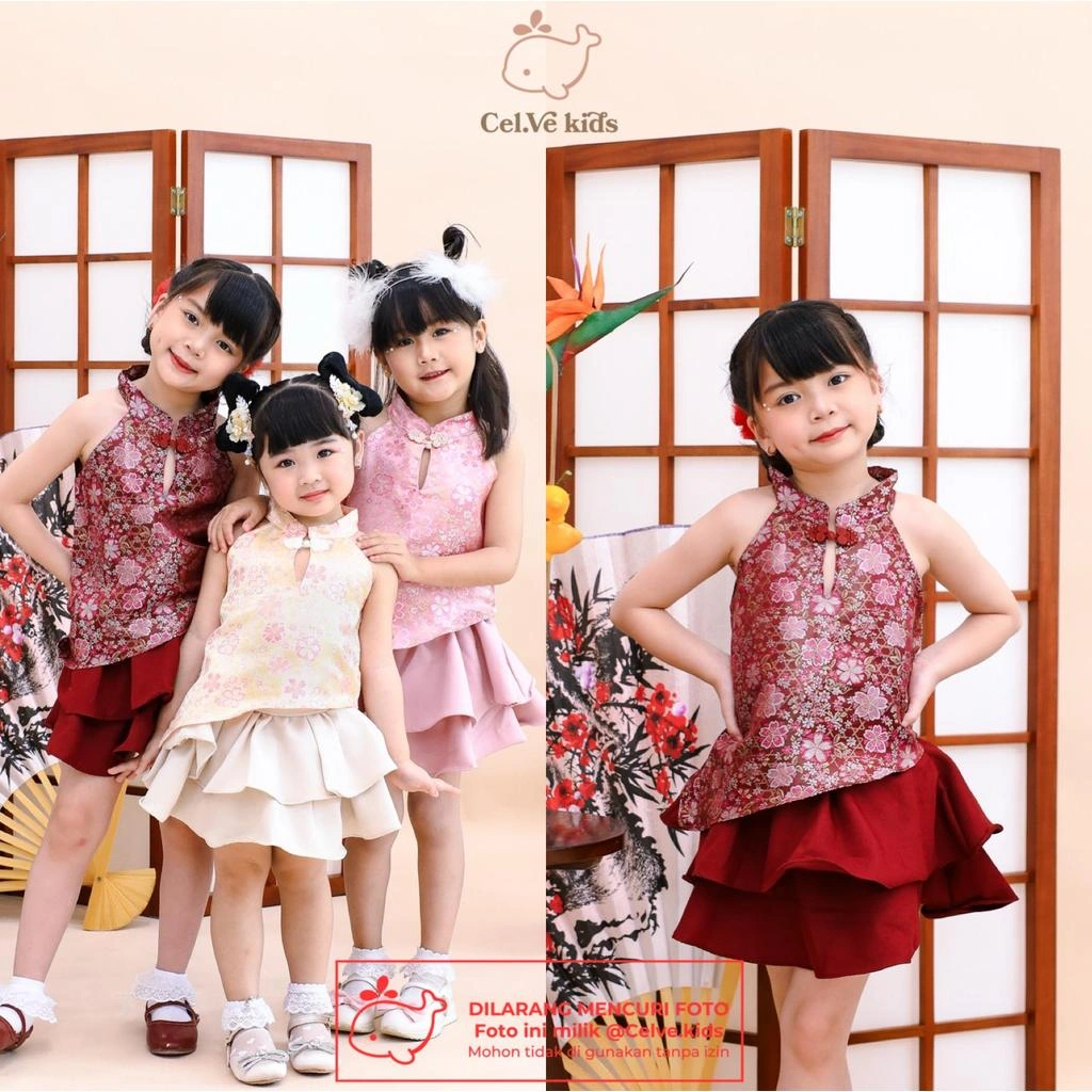 CELVEkids - Stelan Imlek Huo Mei Set Baju rok celana Anak Perempuan Korean style Bahan Semiwool + Ceongsam usia 1-8th