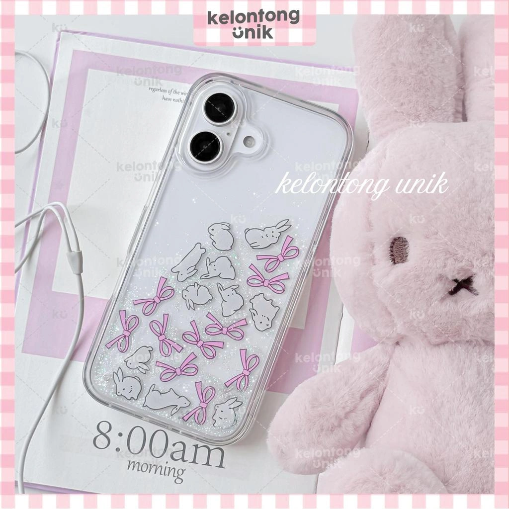 KELONTONG UNIK | MOONELLE Bunny Coquette Water Acrylic Clear Case Glitter Shimmer Ribbon Quicksand - Hardcase/ Casing HP for iPhone 11 12 13 14 15 16 17 PRO PROMAX PLUS ,CIAU