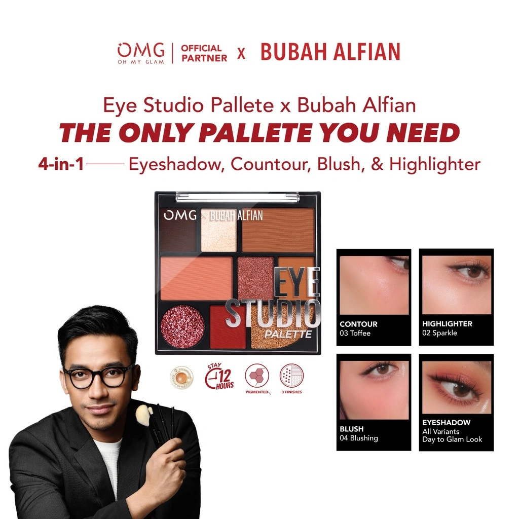 [PRE-ORDER] [Bubah Alfian Approved!] OMG OH MY GLAM Eye Studio Palette - 9 Shades Eyeshadow Palette High Pigment And Smooth Powder Long Lasting - Easy to Blend - Glitter, Highlighter, Contour Make Up - Warna Lengkap Nude, Coklat, Pink