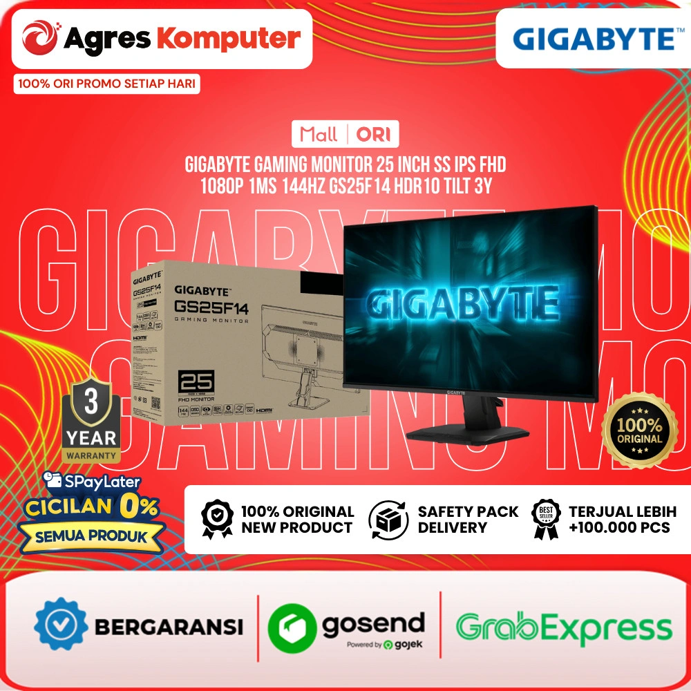 GIGABYTE GAMING MONITOR 25 INCH SS IPS FHD 1080P 1MS 144HZ GGS25F14 HDR10 TILT 3Y