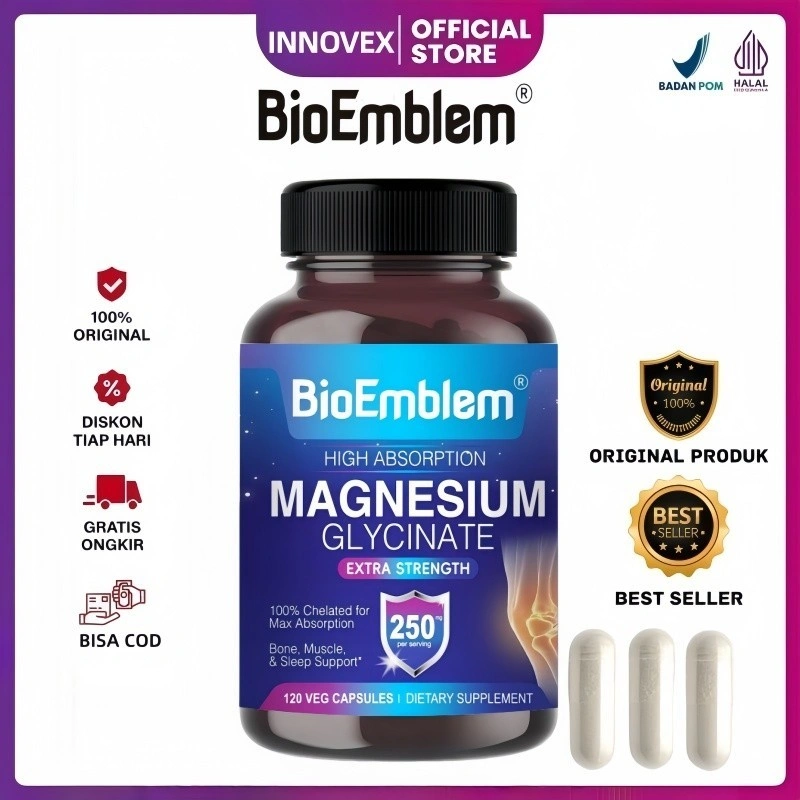 INNOVEX- BioEmblem Magnesium Glisinat 250 mg - Suplemen Magnesium Kelasi Daya Serap Tinggi - 100% Magnesium Glisinat Murni - Dukungan Stres, Tidur, Jantung, dan Kesehatan Otot - Non-GMO, Vegan, Bebas Gluten