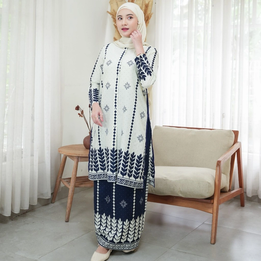 Lalita Atasan Wanita Tunik Batik Modern Casual Family Set Sarimbit Keluarga Baju Lebaran Putih Navy