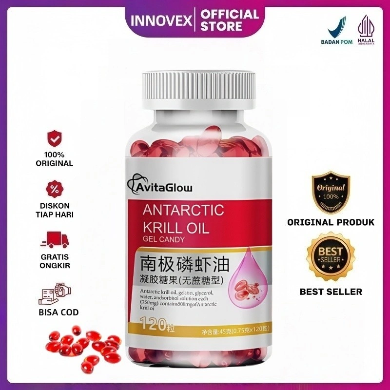 INNOVEX-AvitaGlow Minyak Krill Antartika 120 Kapsul Astaxanthin Kapsul Astaxanthin untuk Peningkatan Kardiovaskular Omega 3 Krill Oil Krill Oil Antartica Suplemen Kapsul Minyak Ikan Sehat Alami Meningkatkan Sirkulasi Darah 0 Sukrosa