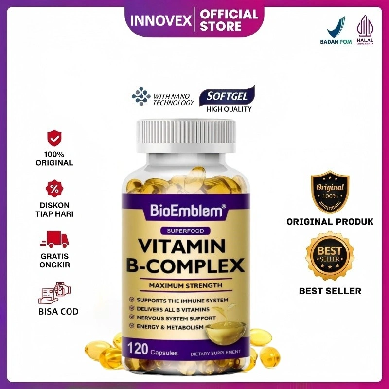 INNOVEX-BioEmblem Kapsul Vitamin B Kompleks (B12, B1, B2, B3, B5, B6, B7, B9, Asam Folat & Biotin), Mengurangi Stres & Mendukung Suasana Hati yang Lebih Baik, Membantu Kesehatan & Energi Sistem Saraf