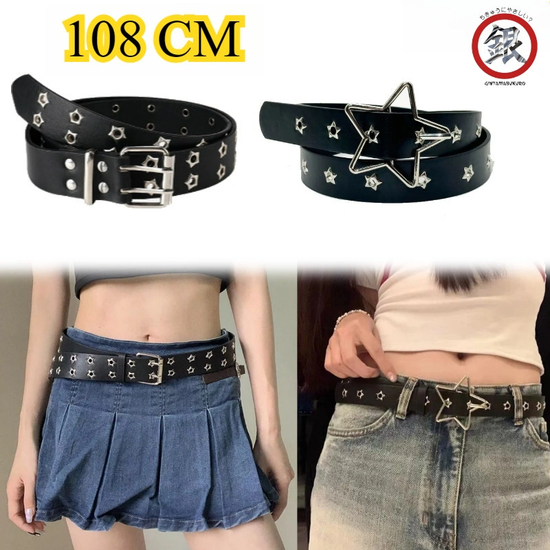 108CM Ikat Pinggang Celana Kulit PU Uniseks Sabuk Ikat Pinggang Y2k Belt Putih Keren Fashion Lubang Baris Ganda Gaya Punk Trendi Gaya Bintang Y2k Sabuk Lebar Wanita Punk Style Edgy Buckle Star & Rivet Unik Dengan Model Lubang Banyak Sabuk Jeans Premium