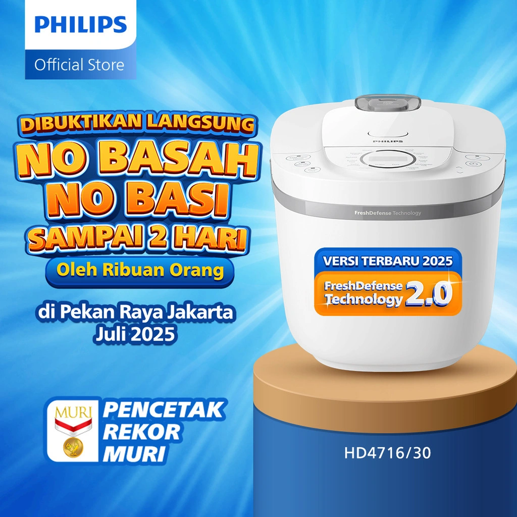 Philips Rice Cooker 1.8 L - 3000 Digial Series HD4716/30 - Putih - Anti lengket - FreshDefense Technology - Nasi No Basah No Basi hingga 48 Jam - 400 Watt