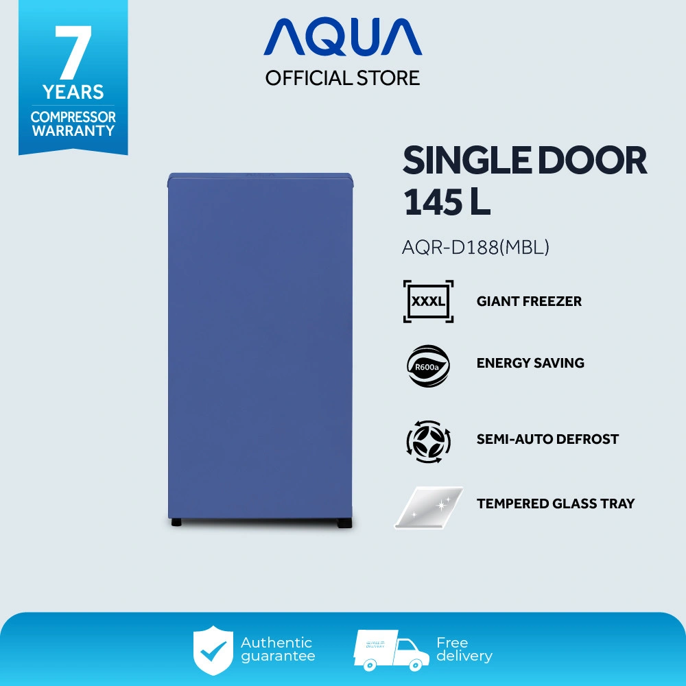 AQUA Elektronik AQR-D188(MBL) - Blue - Kulkas 1 Door - 145 L - Freezer Besar - Ramah Lingkungan - Semi Auto Defrost - Tempered Glass Tray - PCM - Direct Cooling