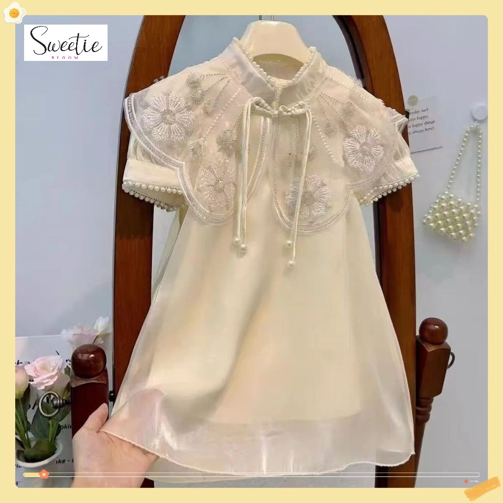 [Sweetie Bloom] Gaun Anak Perempuan Premium Bordir Mutiara Bunga Kerah Mutiara Warna Putih Susu Usia 2-7 Tahun Cheongsam Anak Perempuan