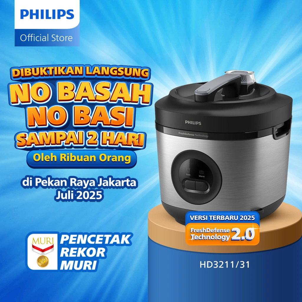 Philips Rice Cooker Magicom 1.8 L - 3000 Premium Series HD3211/31 - Silver - Bakuhanseki Inner Pot - Anti lengket - FreshDefense Technology - Nasi No Basi hingga 48 Jam - 400 Watt