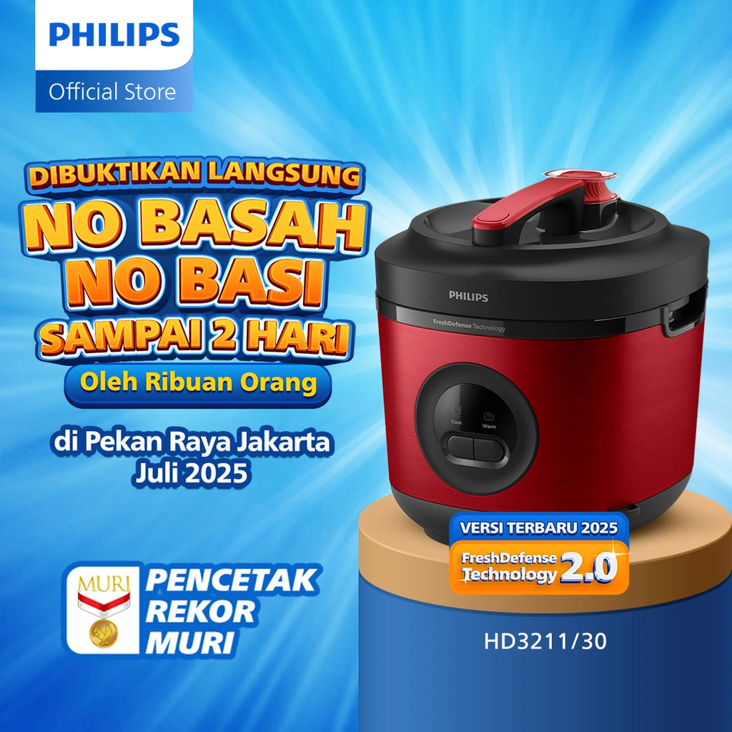 Philips Rice Cooker Magicom 1.8 L - 3000 Premium Series HD3211/30 - Merah - Bakuhanseki Inner Pot - Anti lengket - FreshDefense Technology - Nasi No Basi hingga 48 Jam - 400 Watt