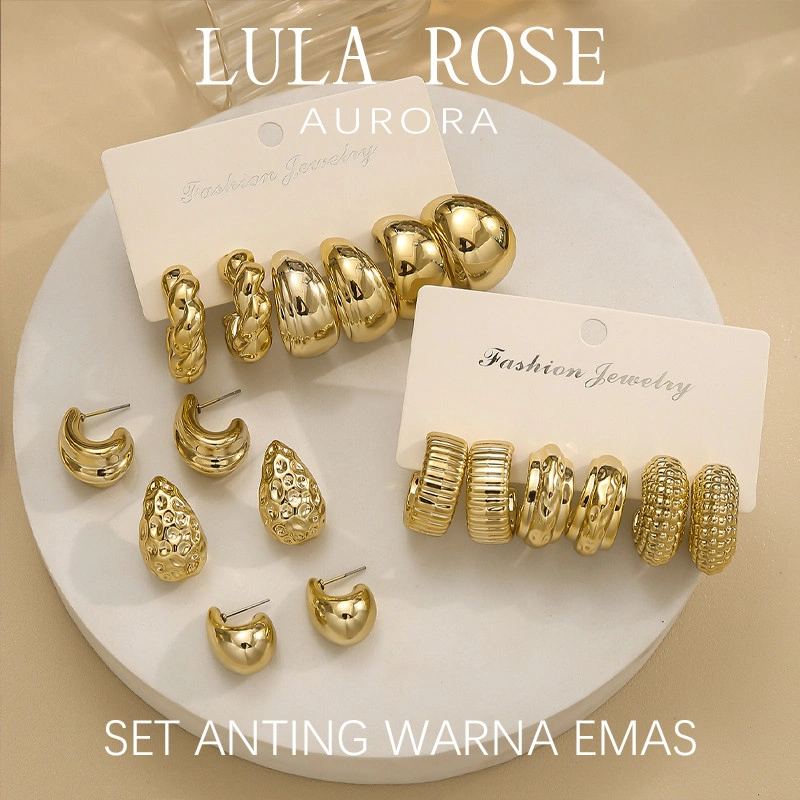 LULA ROSE Set Anting Warna Emas Korea Minimalis Mengilap Elegan