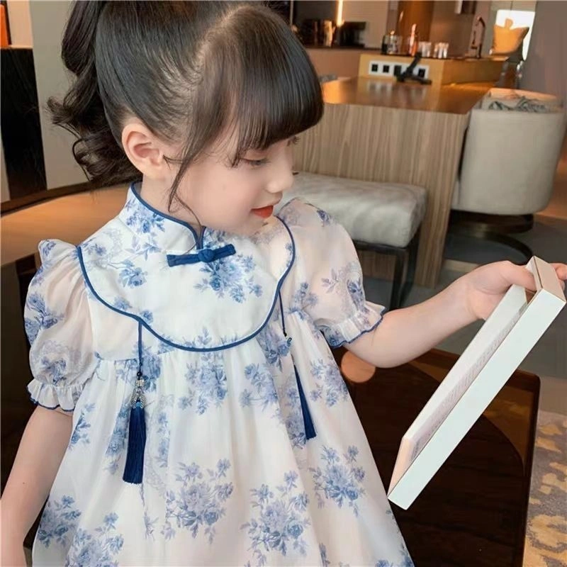 READY Girls Cheongsam Musim Panas Gaya Cina Hanfu Tang Dress 2024 New Super Fairy Princess Skirt Chiffon Rok T80